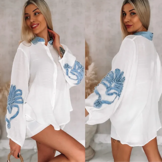 Oryginalna biała bluzka koszulowa z jeansowymi dodatkami ONE SIZE - R843