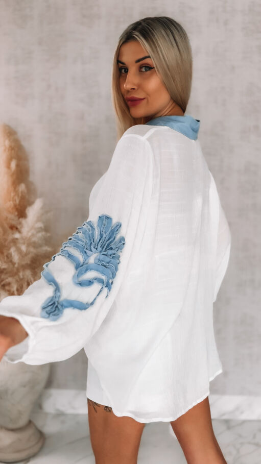 Oryginalna biała bluzka koszulowa z jeansowymi dodatkami ONE SIZE - R843