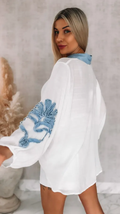 Oryginalna biała bluzka koszulowa z jeansowymi dodatkami ONE SIZE - R843