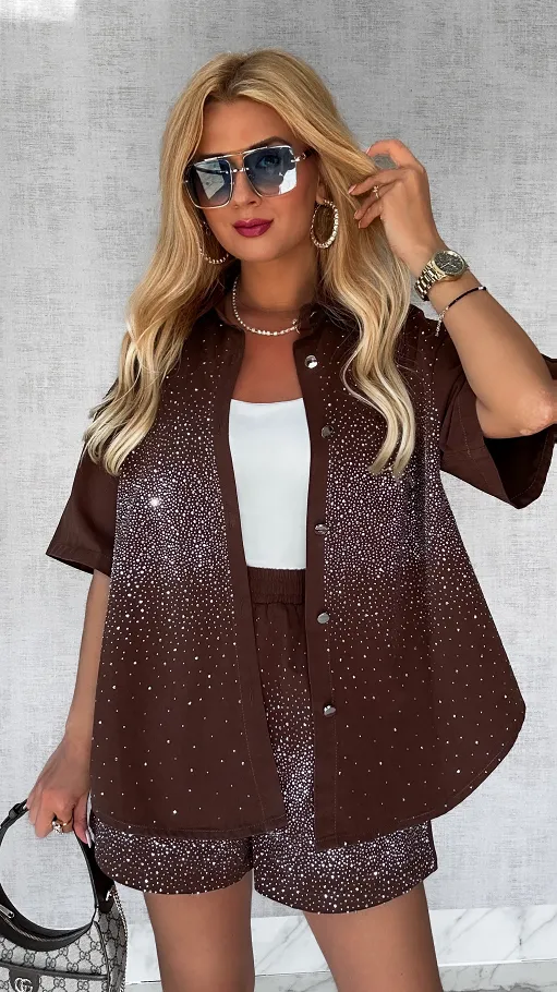 Gwieździsty czekoladowy komplet jeansowy z bawełny ONE SIZE - P752