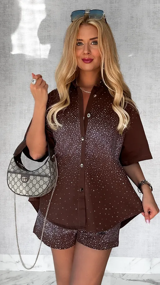 Gwieździsty czekoladowy komplet jeansowy z bawełny ONE SIZE - P752