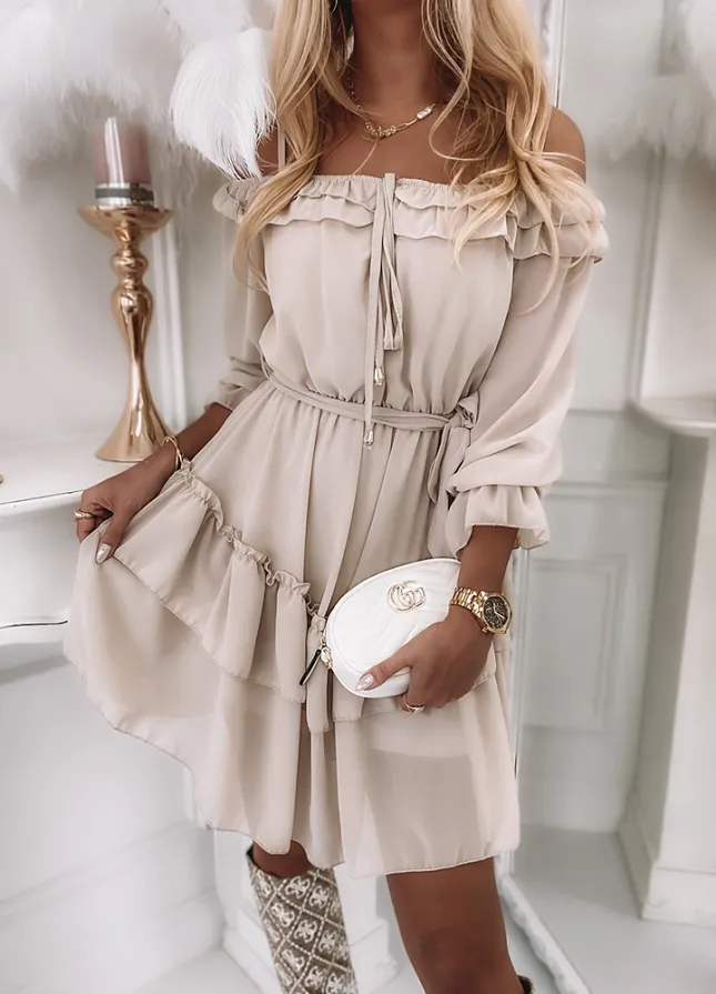 Zwiewna sukienka hiszpanka z wiązaniem BEŻOWA - N081B