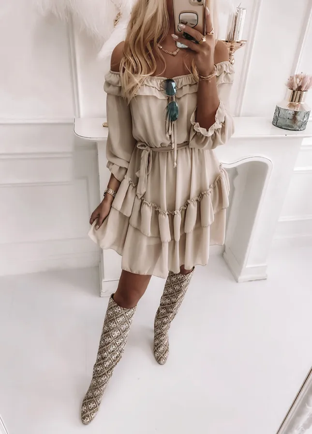 Zwiewna sukienka hiszpanka z wiązaniem BEŻOWA - N081B