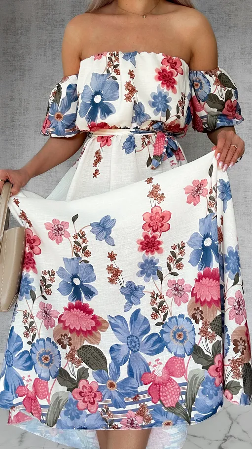 Cudowna długa sukienka hiszpanka w niebieskie kwiaty ONE SIZE - P741