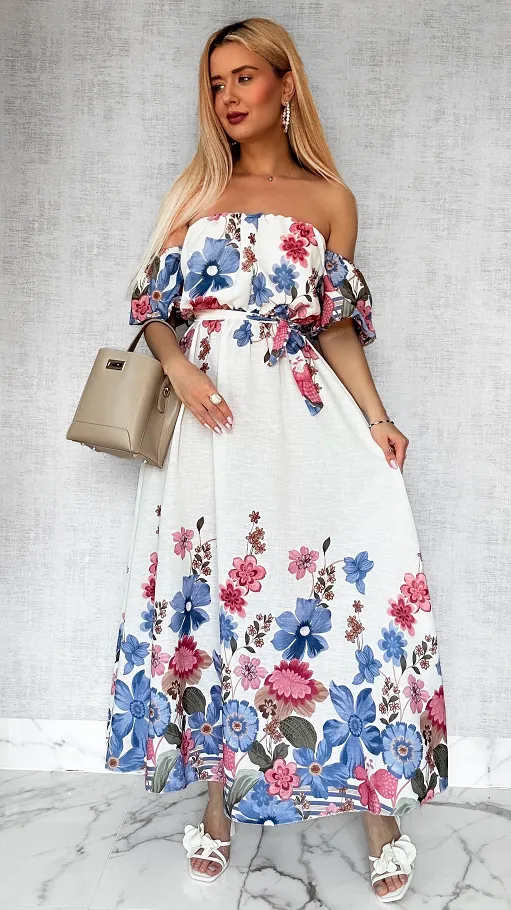 Cudowna długa sukienka hiszpanka w niebieskie kwiaty ONE SIZE - P741