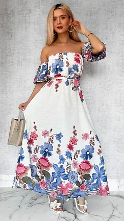 Cudowna długa sukienka hiszpanka w niebieskie kwiaty ONE SIZE - P741