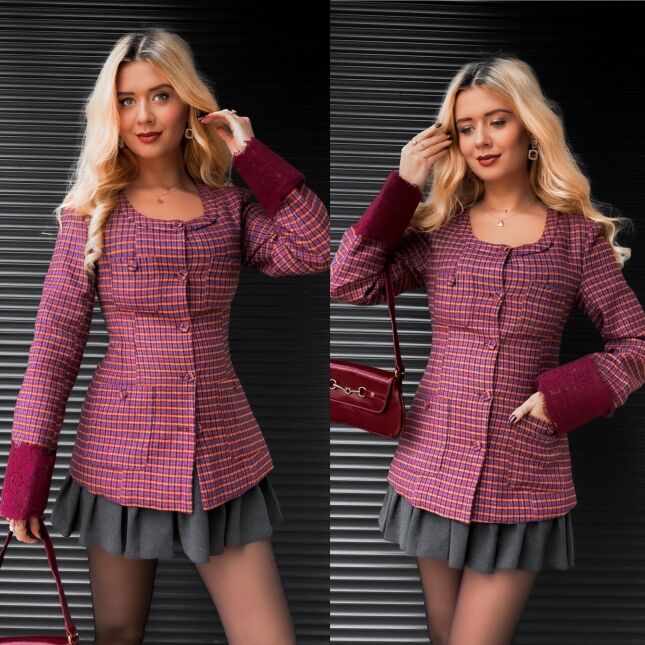 Modna marynarka w kratkę z koronkowymi rękawami WEŁNIANA - R387