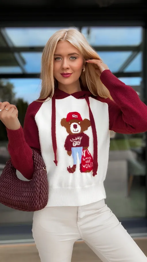 Sweter w stylu bluzy z misiem i kapturem BORDO - R169