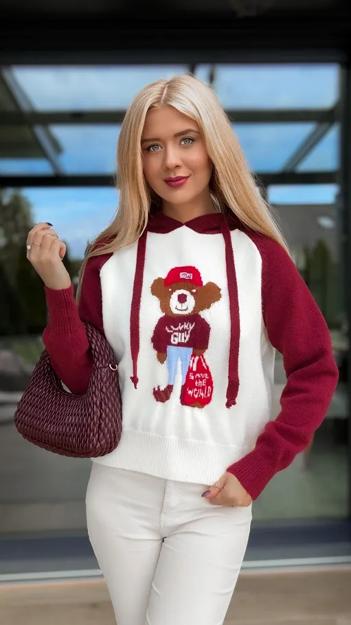 Sweter w stylu bluzy z misiem i kapturem BORDO - R169