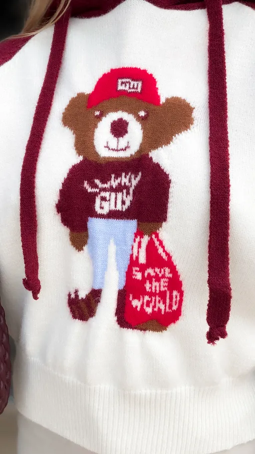 Sweter w stylu bluzy z misiem i kapturem BORDO - R169