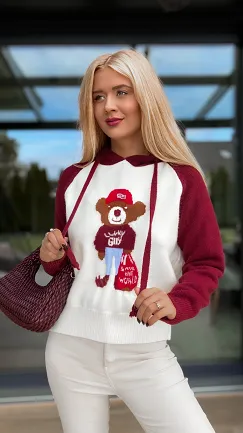 Sweter w stylu bluzy z misiem z misiem i kapturem BORDO - R169