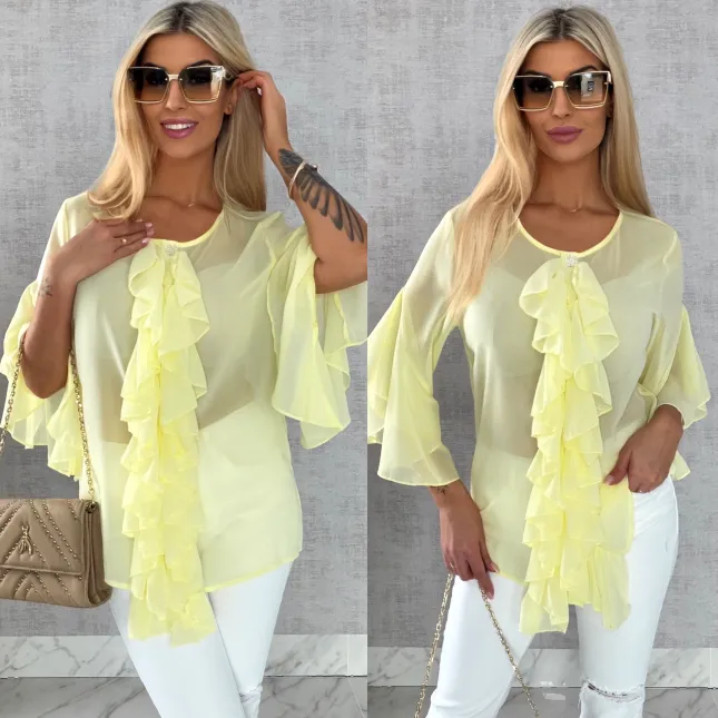 Elegancka bluzka koszulowa z żabotem ONE SIZE żółta - R460