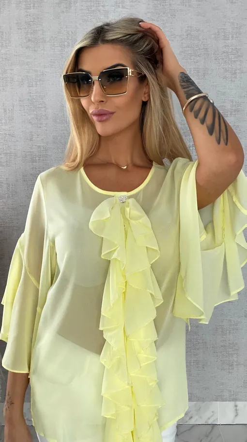 Elegancka bluzka koszulowa z żabotem ONE SIZE żółta - R460