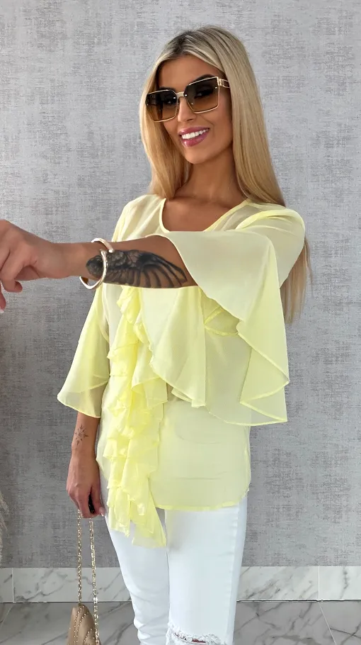 Elegancka bluzka koszulowa z żabotem ONE SIZE żółta - R460