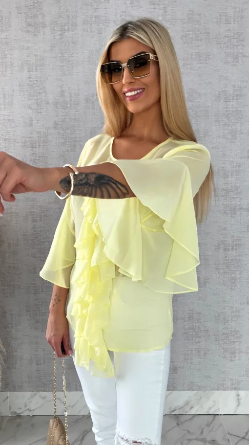 Elegancka bluzka koszulowa z żabotem ONE SIZE żółta - R460