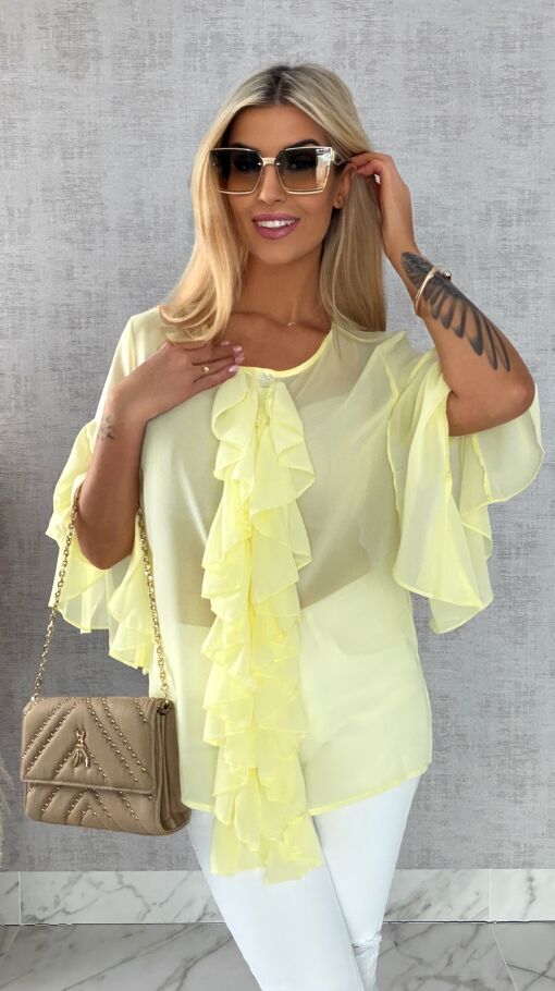 Elegancka bluzka koszulowa z żabotem ONE SIZE żółta - R460