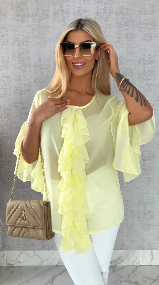 Elegancka bluzka koszulowa z żabotem ONE SIZE żółta - R460