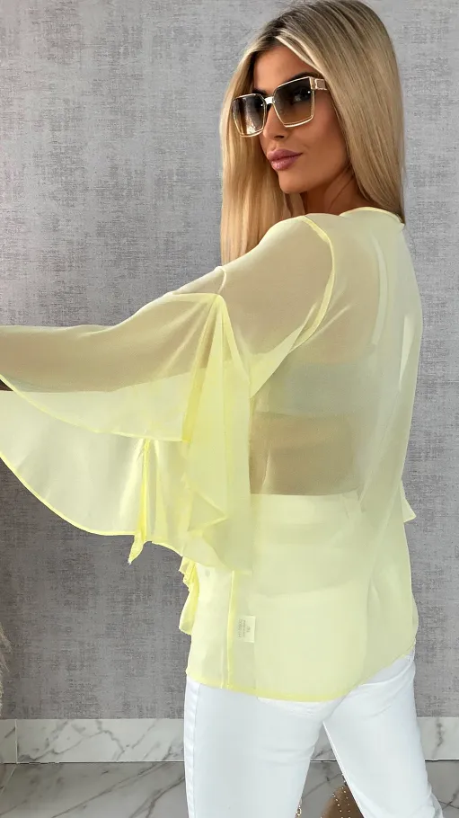 Elegancka bluzka koszulowa z żabotem ONE SIZE żółta - R460