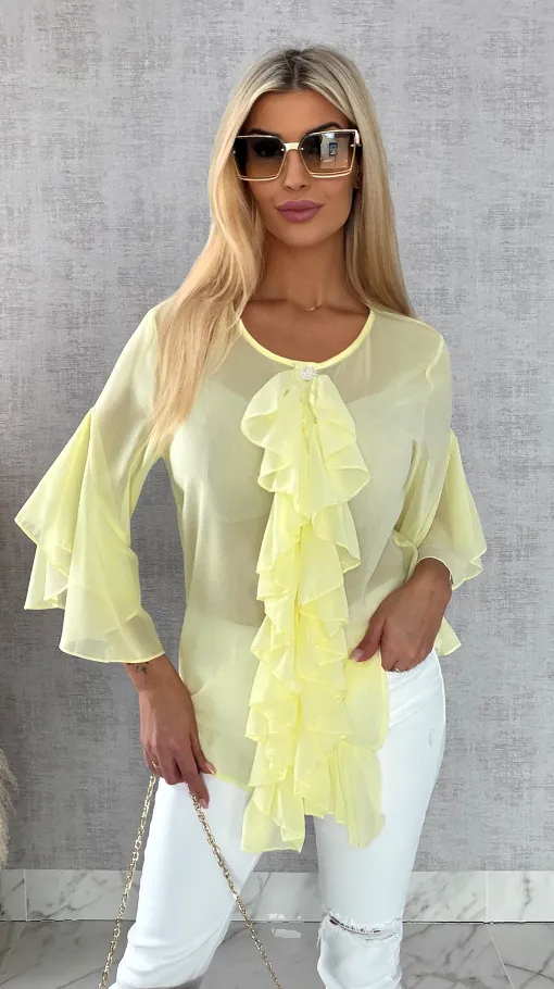 Elegancka bluzka koszulowa z żabotem ONE SIZE żółta - R460