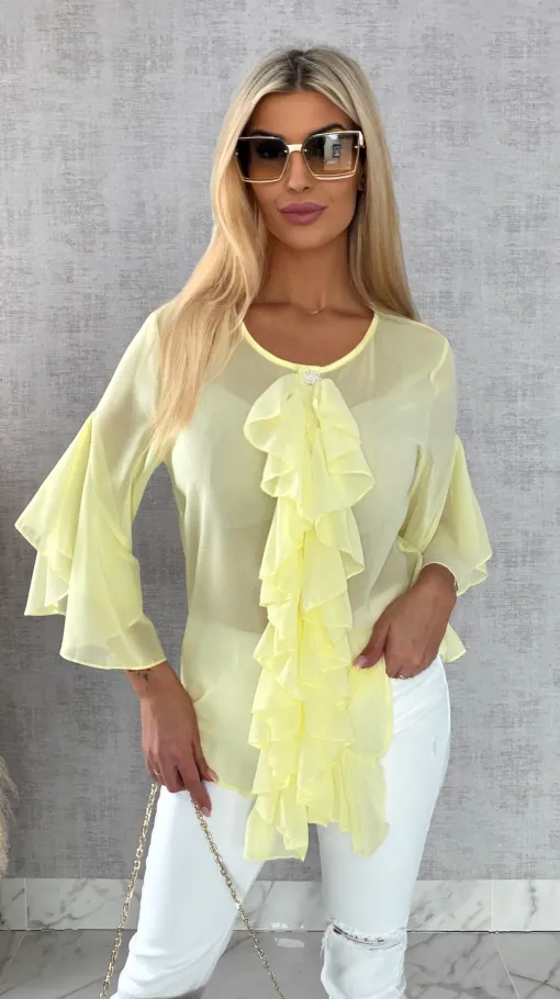 Elegancka bluzka koszulowa z żabotem ONE SIZE żółta - R460