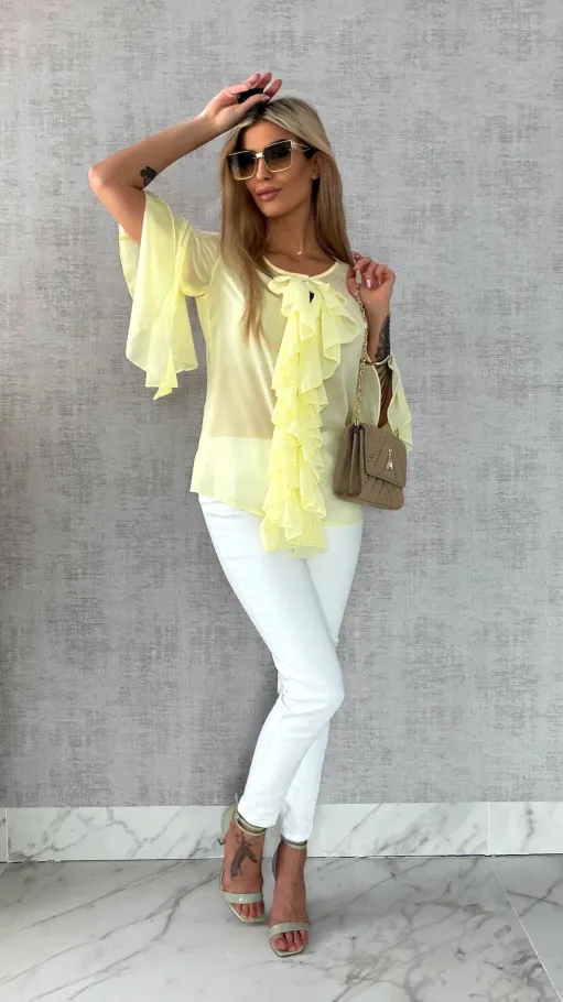 Elegancka bluzka koszulowa z żabotem ONE SIZE żółta - R460