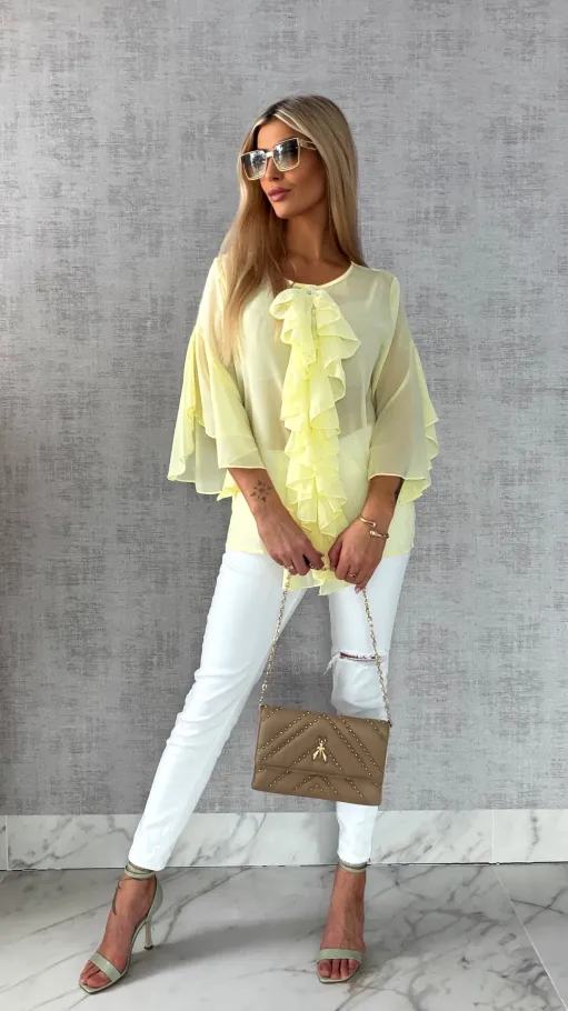 Elegancka bluzka koszulowa z żabotem ONE SIZE żółta - R460