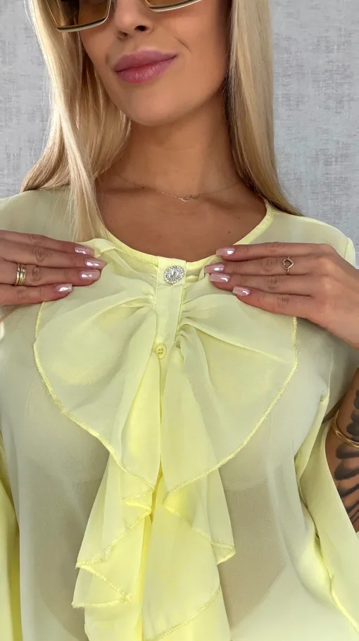 Elegancka bluzka koszulowa z żabotem ONE SIZE żółta - R460
