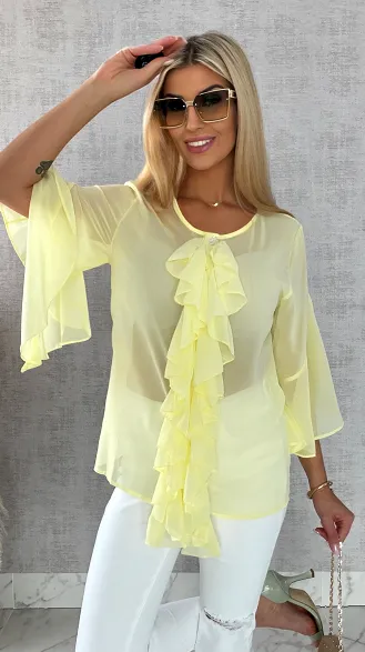 Elegancka bluzka koszulowa z żabotem ONE SIZE żółta - R460