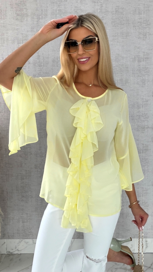 Elegancka bluzka koszulowa z żabotem ONE SIZE żółta - R460