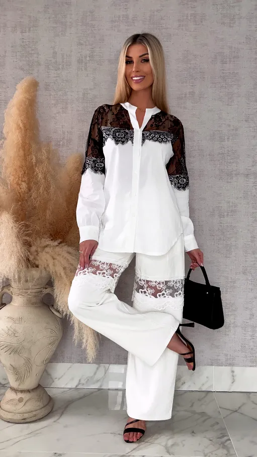 Bawełniana biała koszula z koronkowym dekoltem ONE SIZE - R684