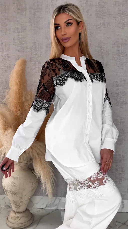 Bawełniana biała koszula z koronkowym dekoltem ONE SIZE - R684