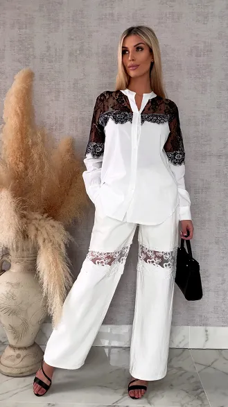 Bawełniana biała koszula z koronkowym dekoltem ONE SIZE - R684