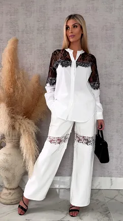 Bawełniana biała koszula z koronkowym dekoltem ONE SIZE - R684