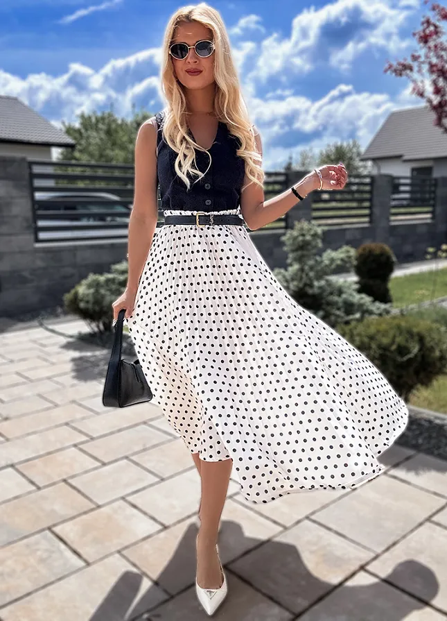 Biała modna długa spódnica w czarne grochy cała plisowana - N195
