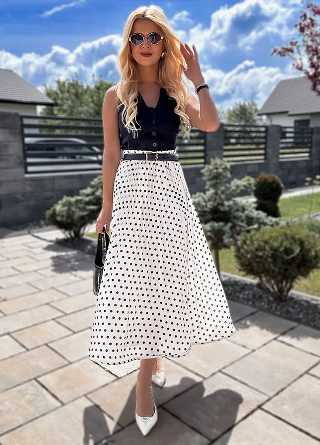 Biała modna długa spódnica w czarne grochy cała plisowana - N195