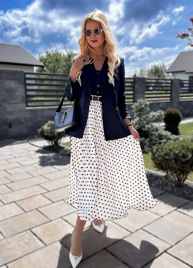 Biała modna długa spódnica w czarne grochy cała plisowana - N195