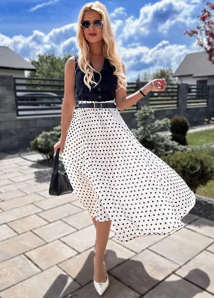 Biała modna długa spódnica w czarne grochy cała plisowana - N195