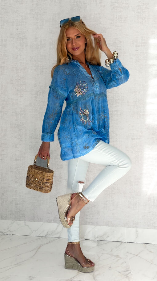 Lekka bawełniana TUNIKA bluzka na lato w stylu BOHO blue - S205