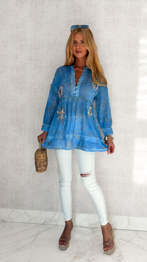 Lekka bawełniana TUNIKA bluzka na lato w stylu BOHO blue - S205