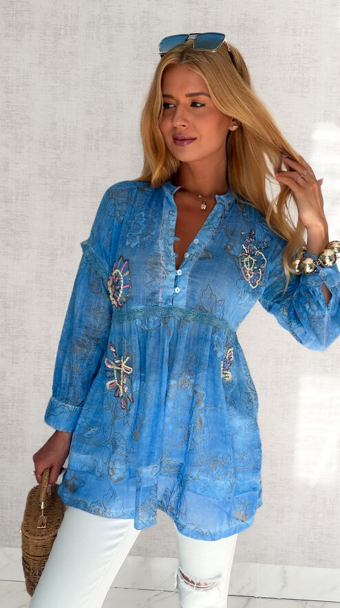 Lekka bawełniana TUNIKA bluzka na lato w stylu BOHO blue - S205