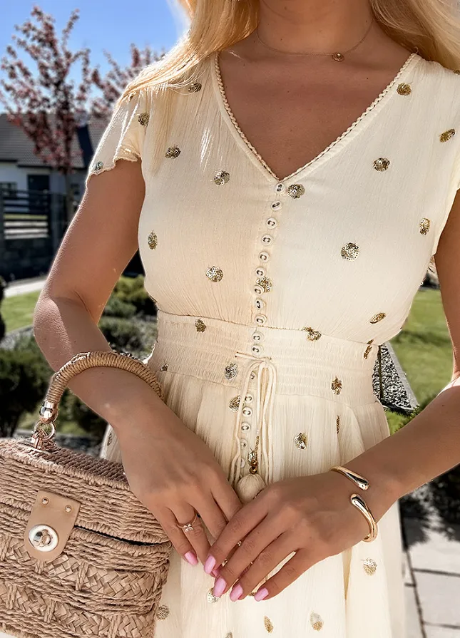 PREMIUM letnia sukienka DUO kolor w ZŁOTE grochy z cekinów BEŻOWA - N110B