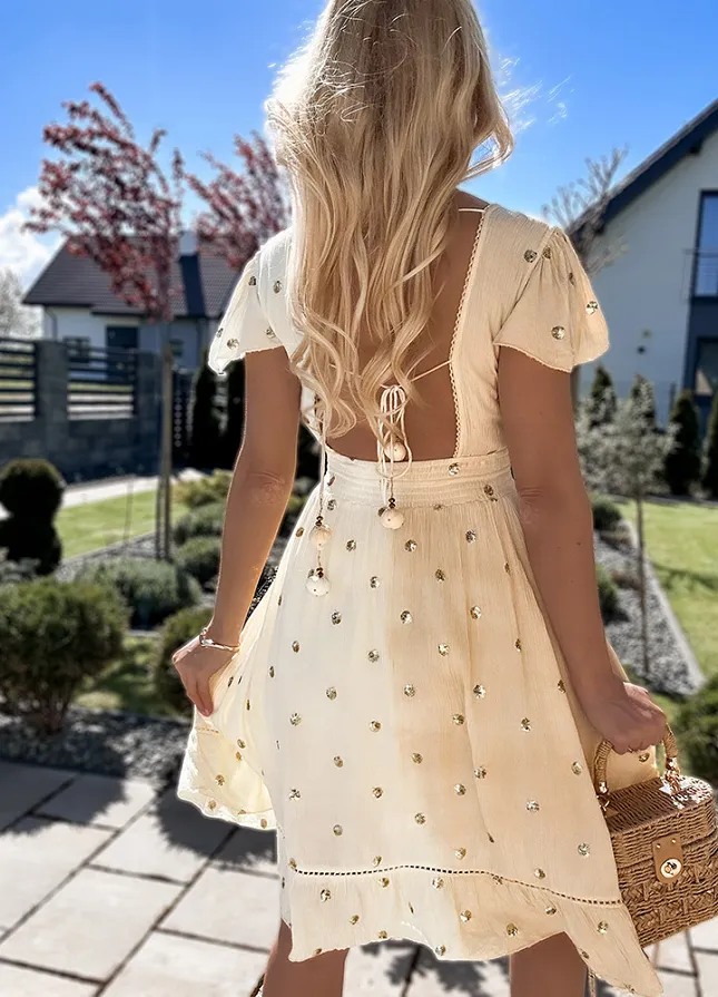 PREMIUM letnia sukienka DUO kolor w ZŁOTE grochy z cekinów BEŻOWA - N110B