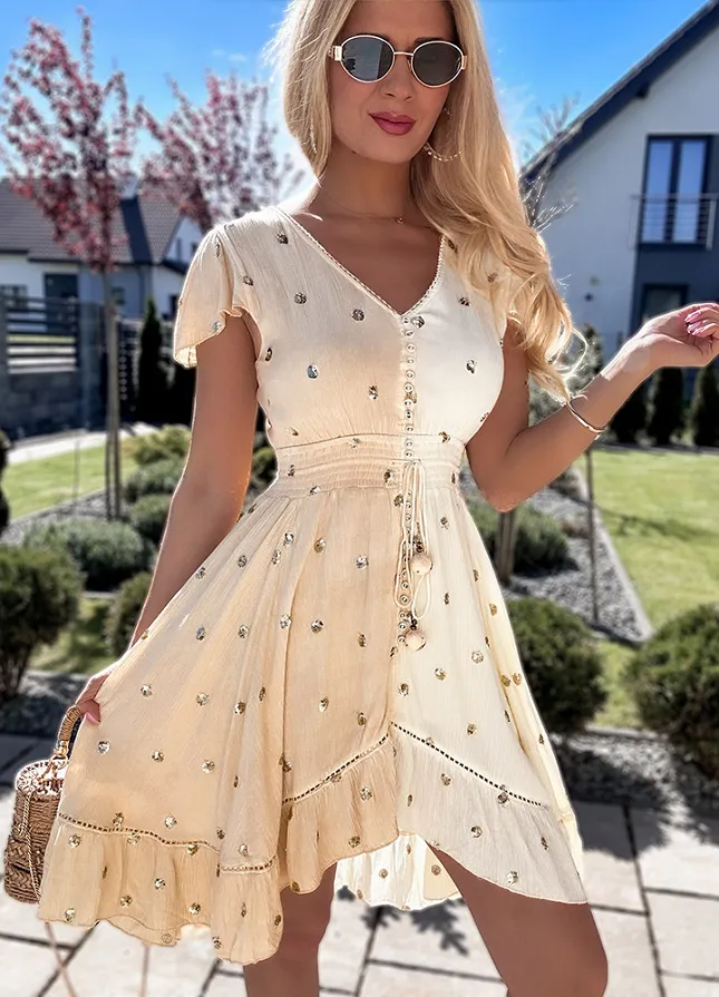 PREMIUM letnia sukienka DUO kolor w ZŁOTE grochy z cekinów BEŻOWA - N110B