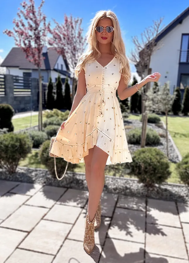 PREMIUM letnia sukienka DUO kolor w ZŁOTE grochy z cekinów BEŻOWA - N110B