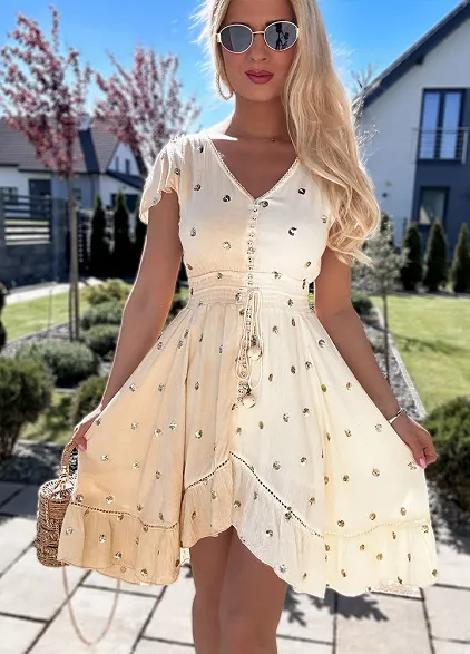 PREMIUM letnia sukienka DUO kolor w ZŁOTE grochy z cekinów BEŻOWA - N110B