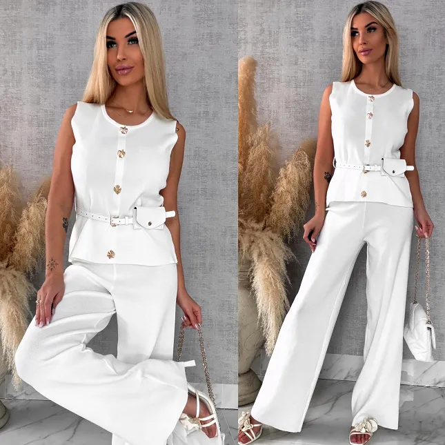 Biały elegancki dzianinowy komplet kamizelka + spodnie ONE SIZE - R566