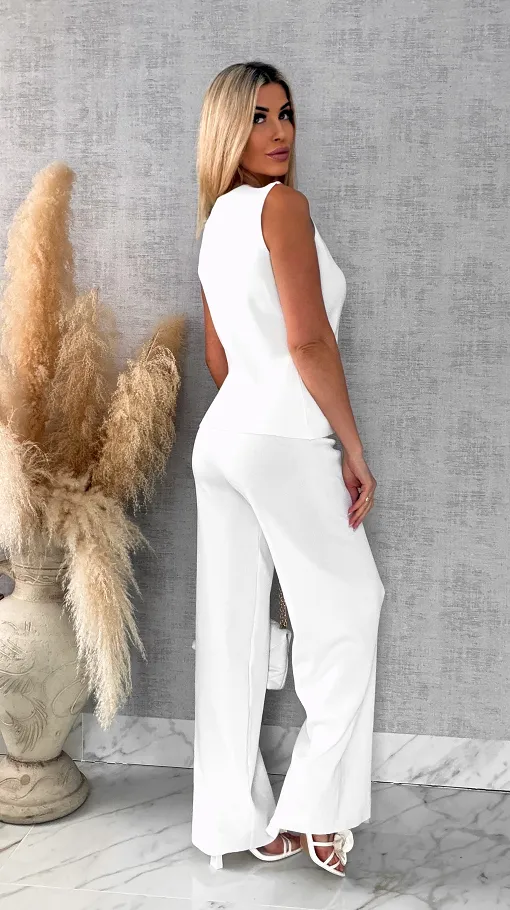 Biały elegancki dzianinowy komplet kamizelka + spodnie ONE SIZE - R566