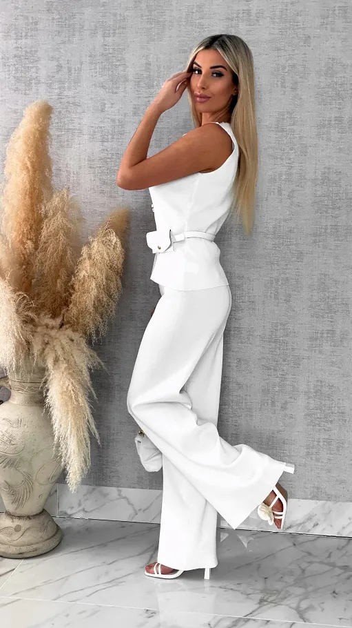 Biały elegancki dzianinowy komplet kamizelka + spodnie ONE SIZE - R566