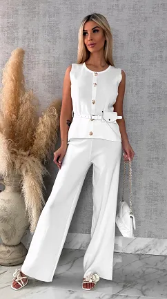 Biały elegancki dzianinowy komplet kamizelka + spodnie ONE SIZE - R566
