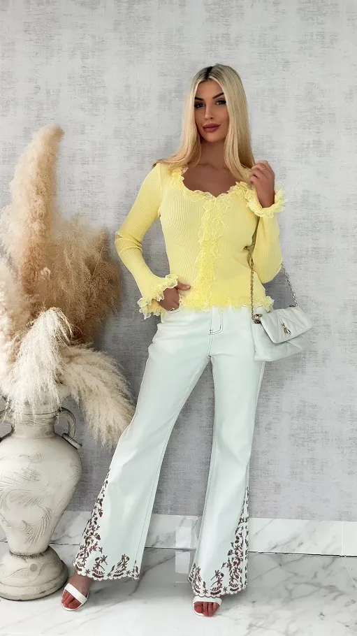Modna dzianinowa bluzka z koronką i dzwonami ONE SIZE żółta - R442B